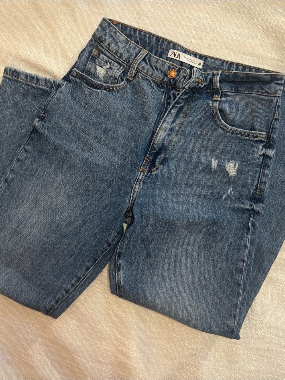 Zara Classic Blue Distressed Straight-Leg Jeans